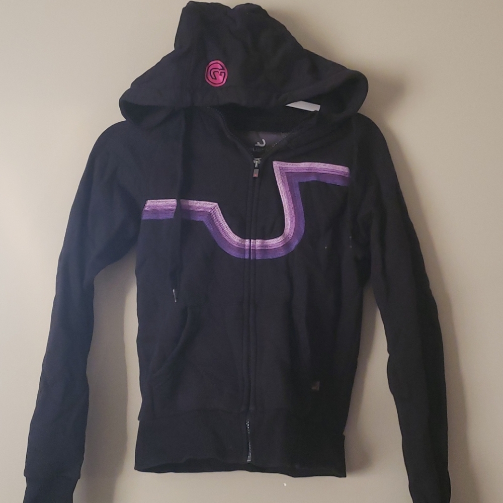 PUSCH black hoodie with purple embroidered logo